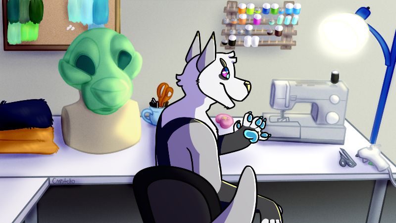 Illustration of the maker's fursona sitting at his studio desk, waving at the viewer